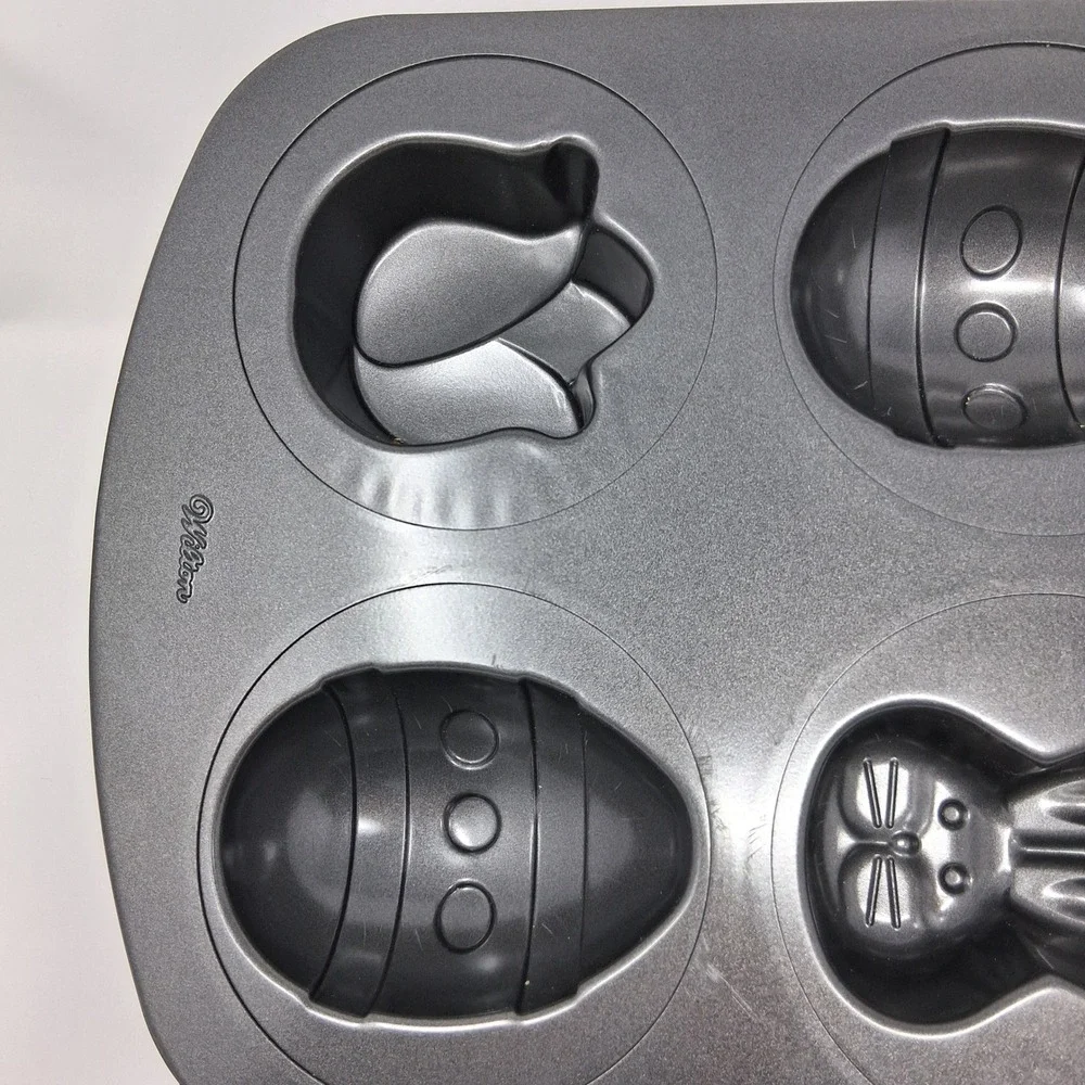 Wilton Easter Non-Stick 6 Cavity Baking Pan Bunny Egg Tulip Shapes Gray Steel